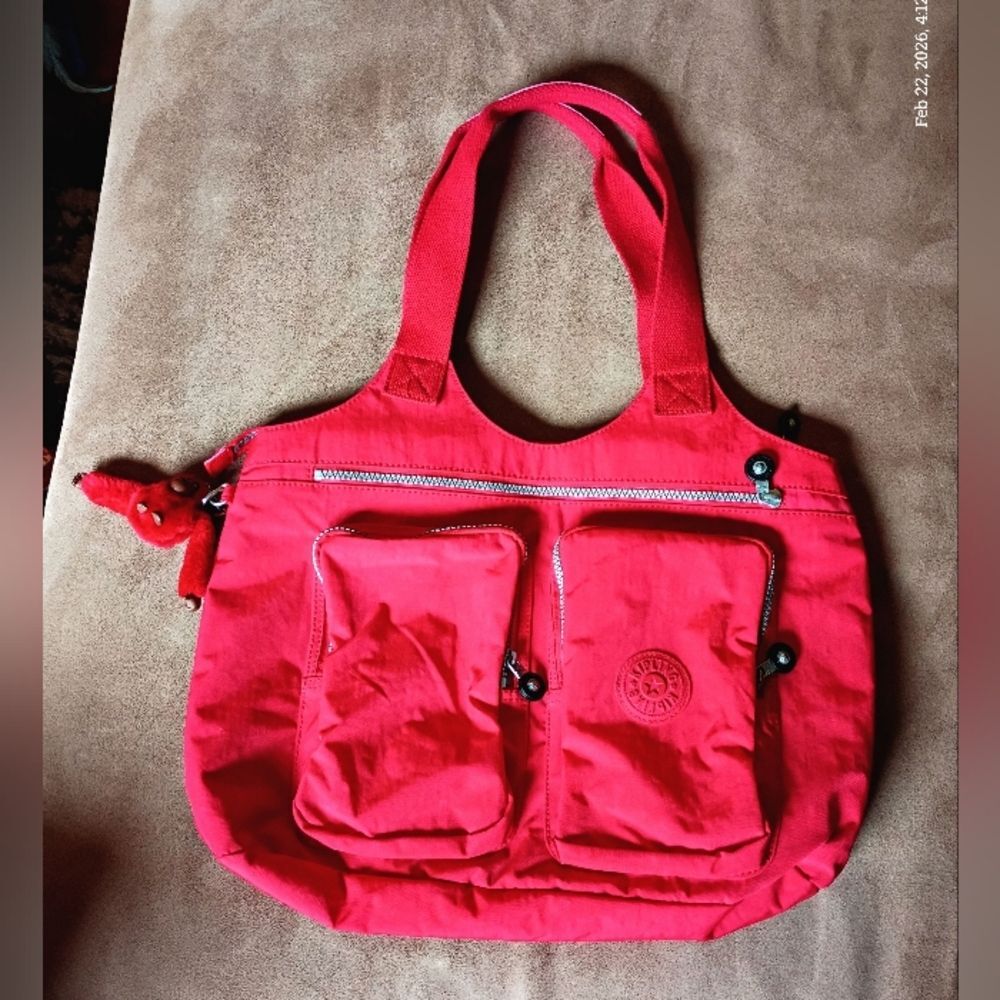Kipling Red Hobo Shoulder Bag Nylon Multi-Pocket w/ Monkey Keychain